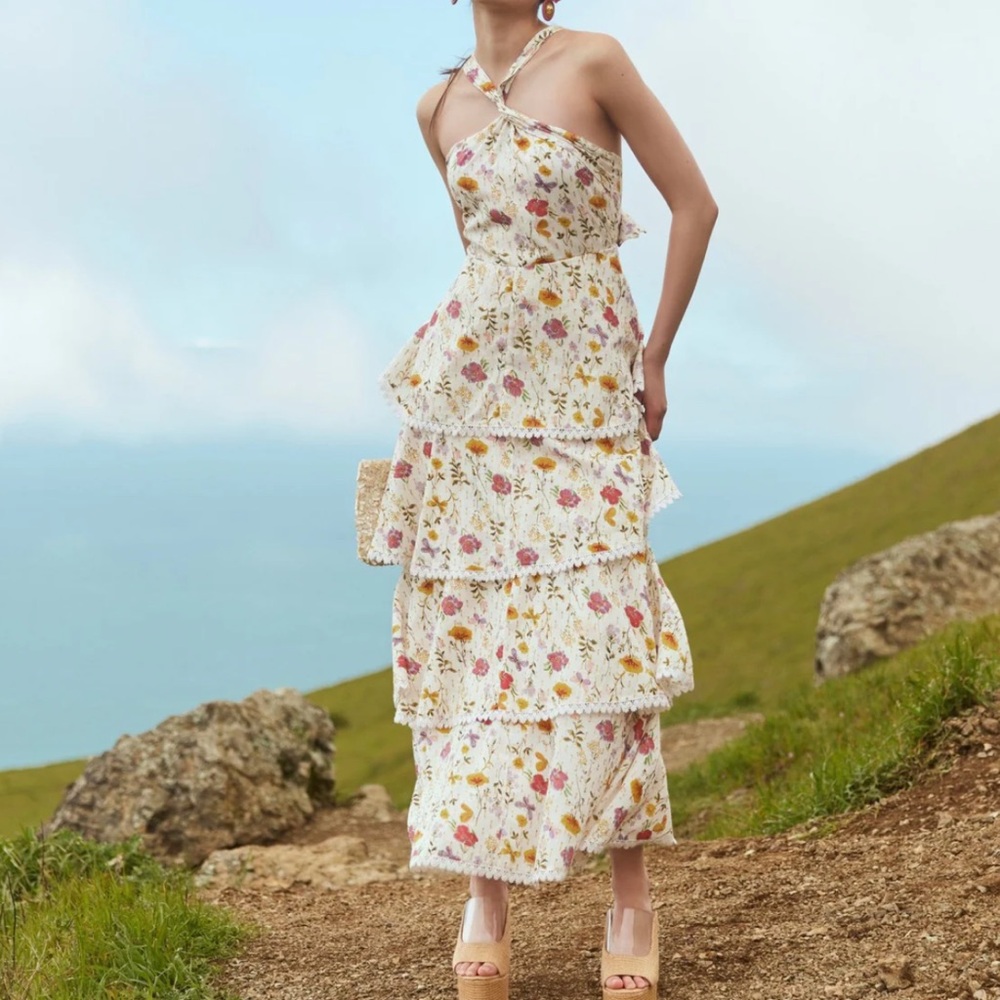 NWT Eddy Emma Tiered Dress in alabaster floral with lurex